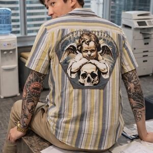 Levi's Striped One Pocket Work Shirt + Angel Skull Gold Embroidered Patch